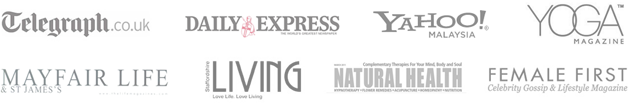 Logos: Telegraph, Daily Express, Yahoo, Yoga Magazine, Mayfair Life, Living, Natural Health, Female First